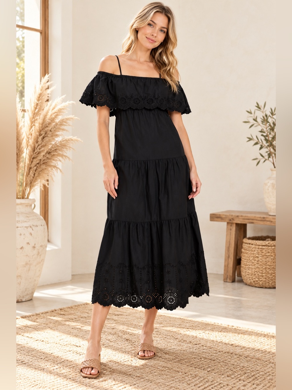 Old Navy Black Off-Shoulder Eyelet Tiered Midi Dress